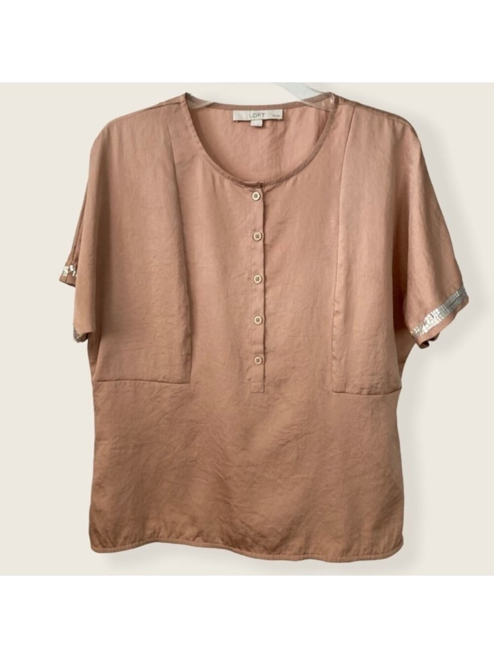 Short Sleeves Top Brown Tan Medium Petite Trendy Top - Picture 1 of 2